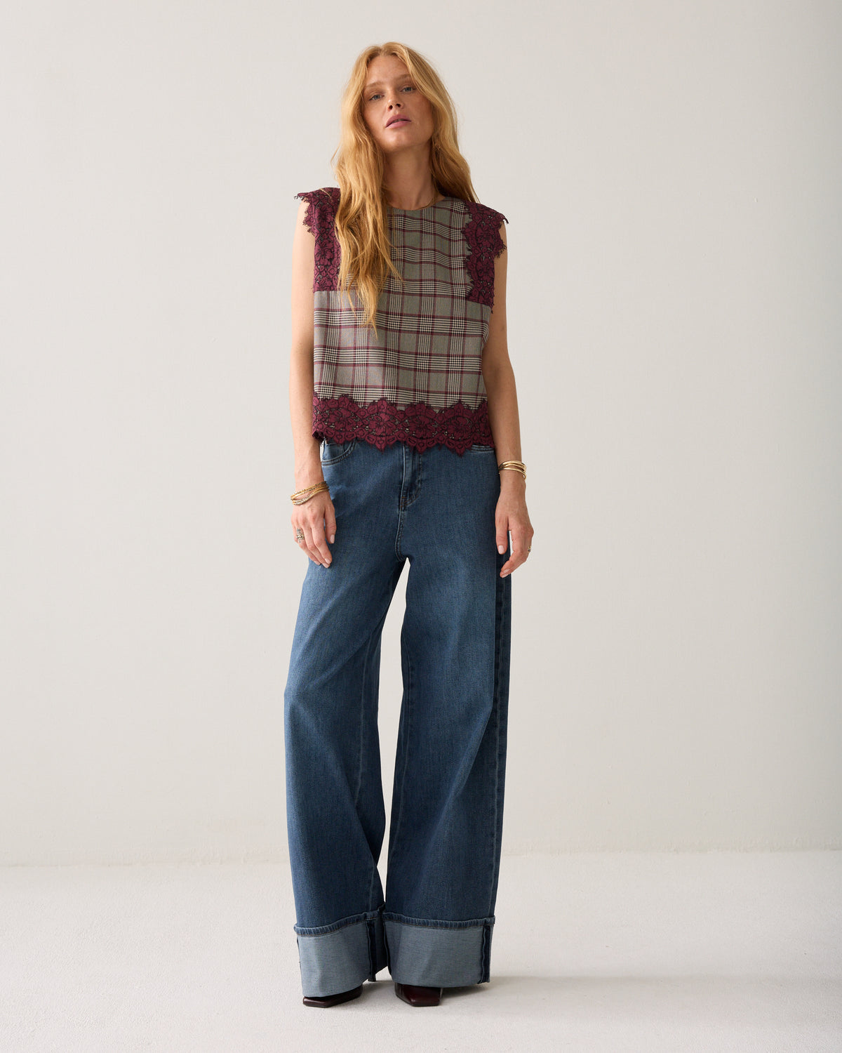 Summum grey burgundy check lace trim sleeveless top front view