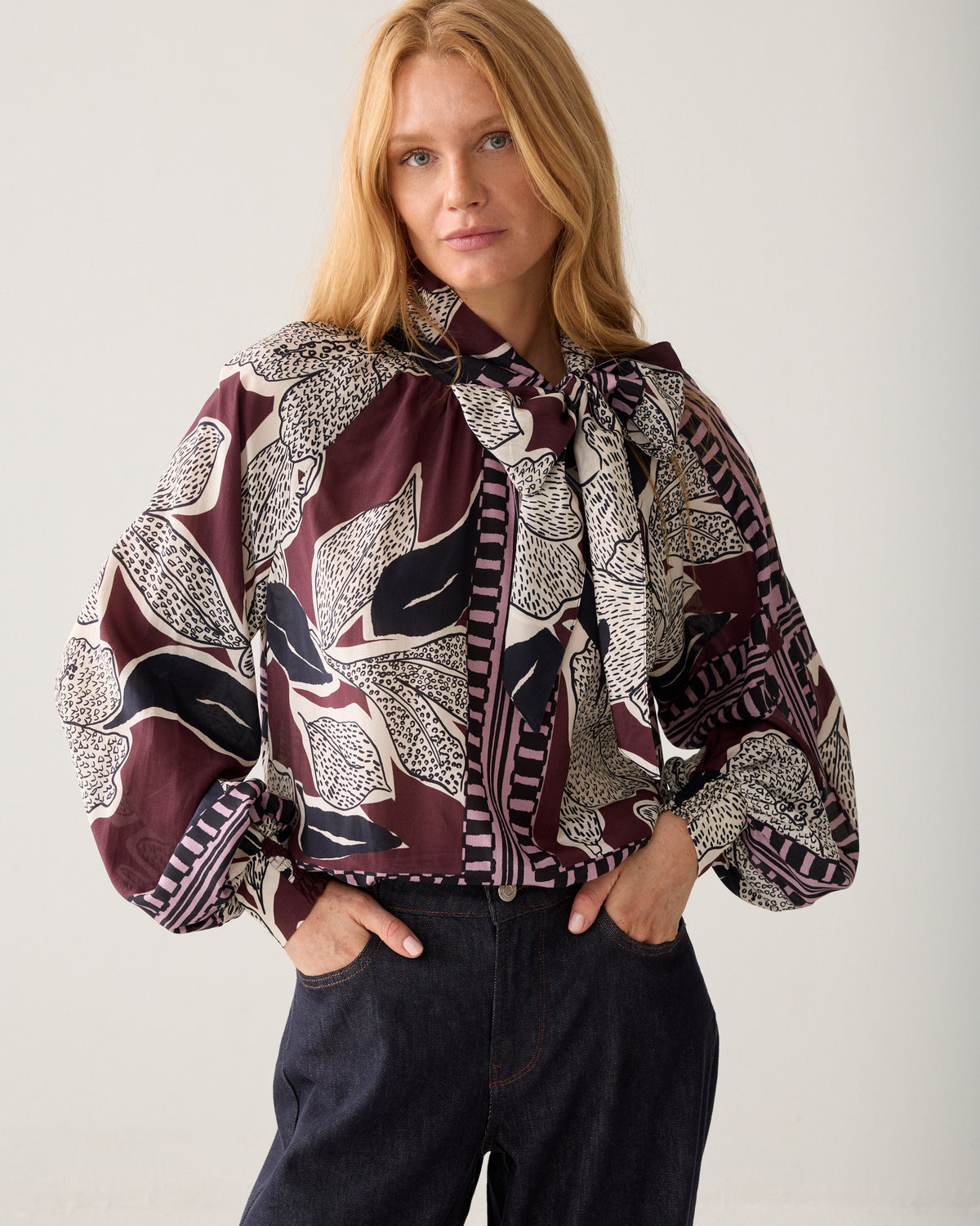 Summum burgundy floral bow blouse for women front view