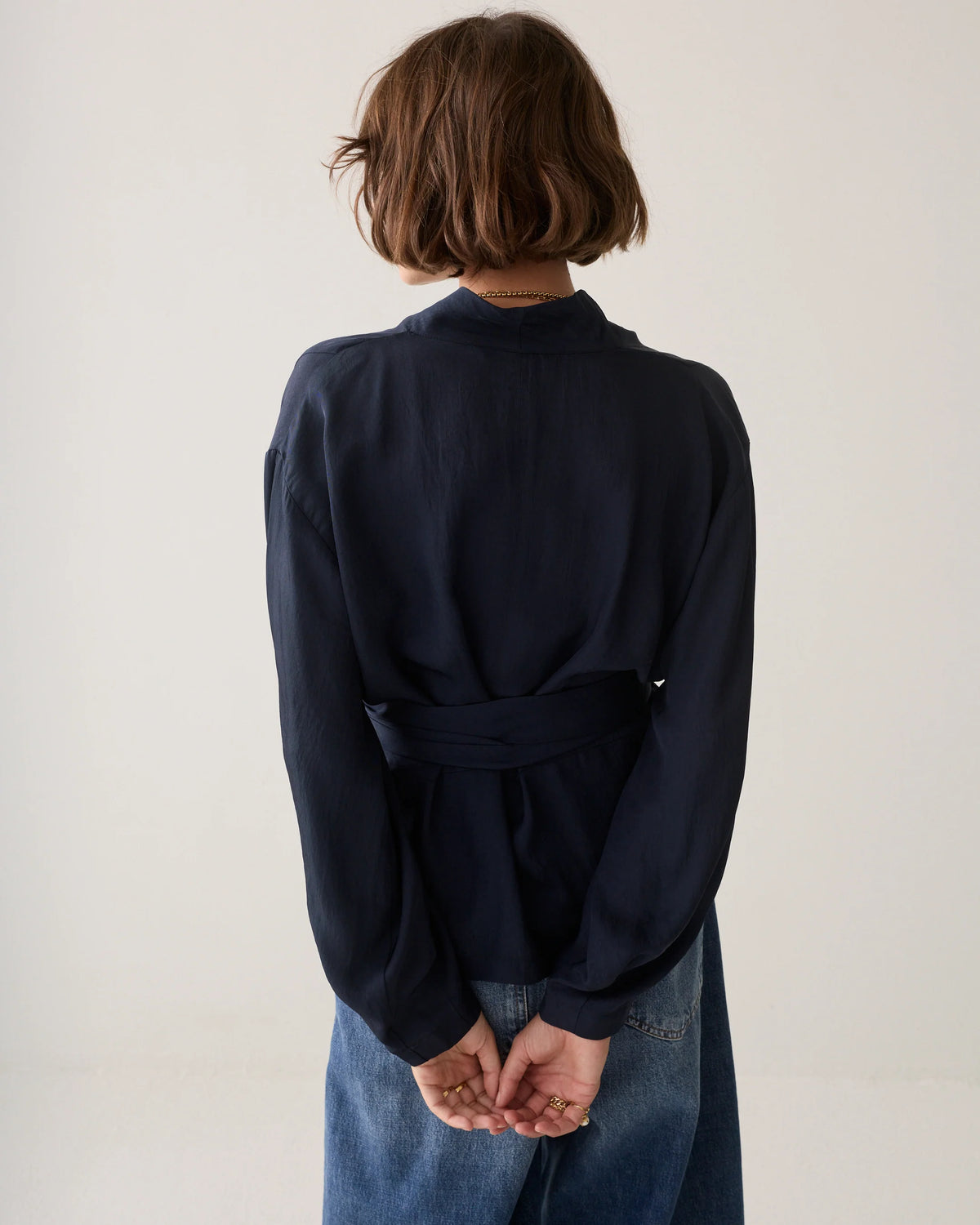 Summum navy tie waist blouse – back model view