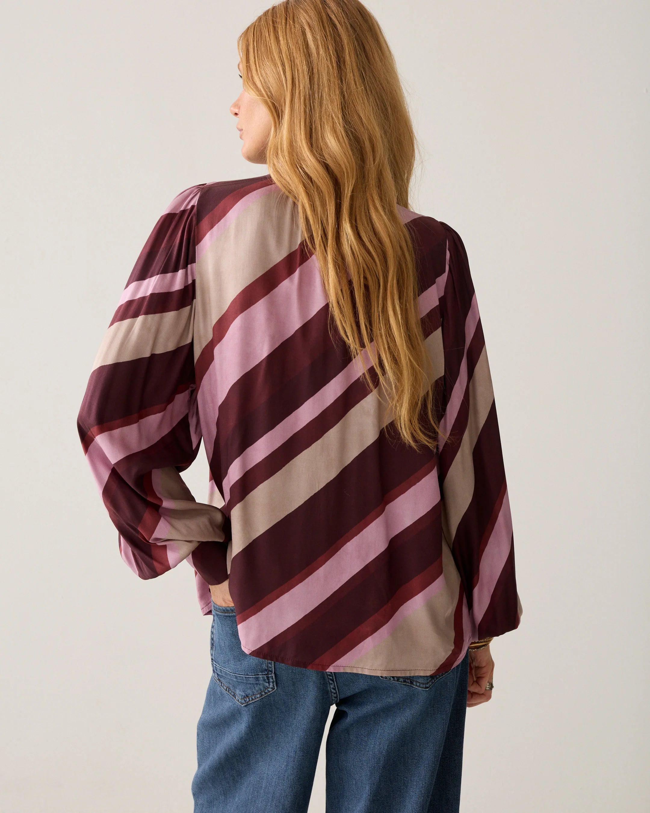 Back view of Summum burgundy stripe blouse