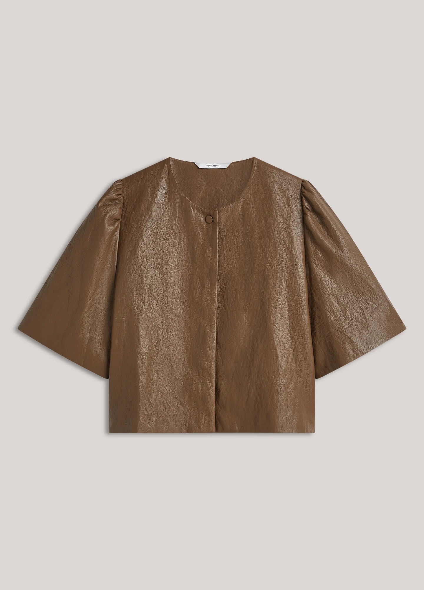 Summum brown faux leather blouse jacket with elbow-length puff sleeves – front product image