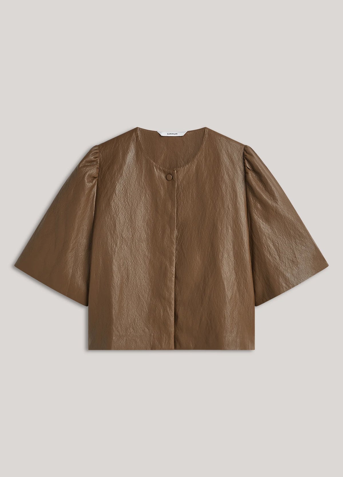 Summum brown faux leather blouse jacket with elbow-length puff sleeves – front product image