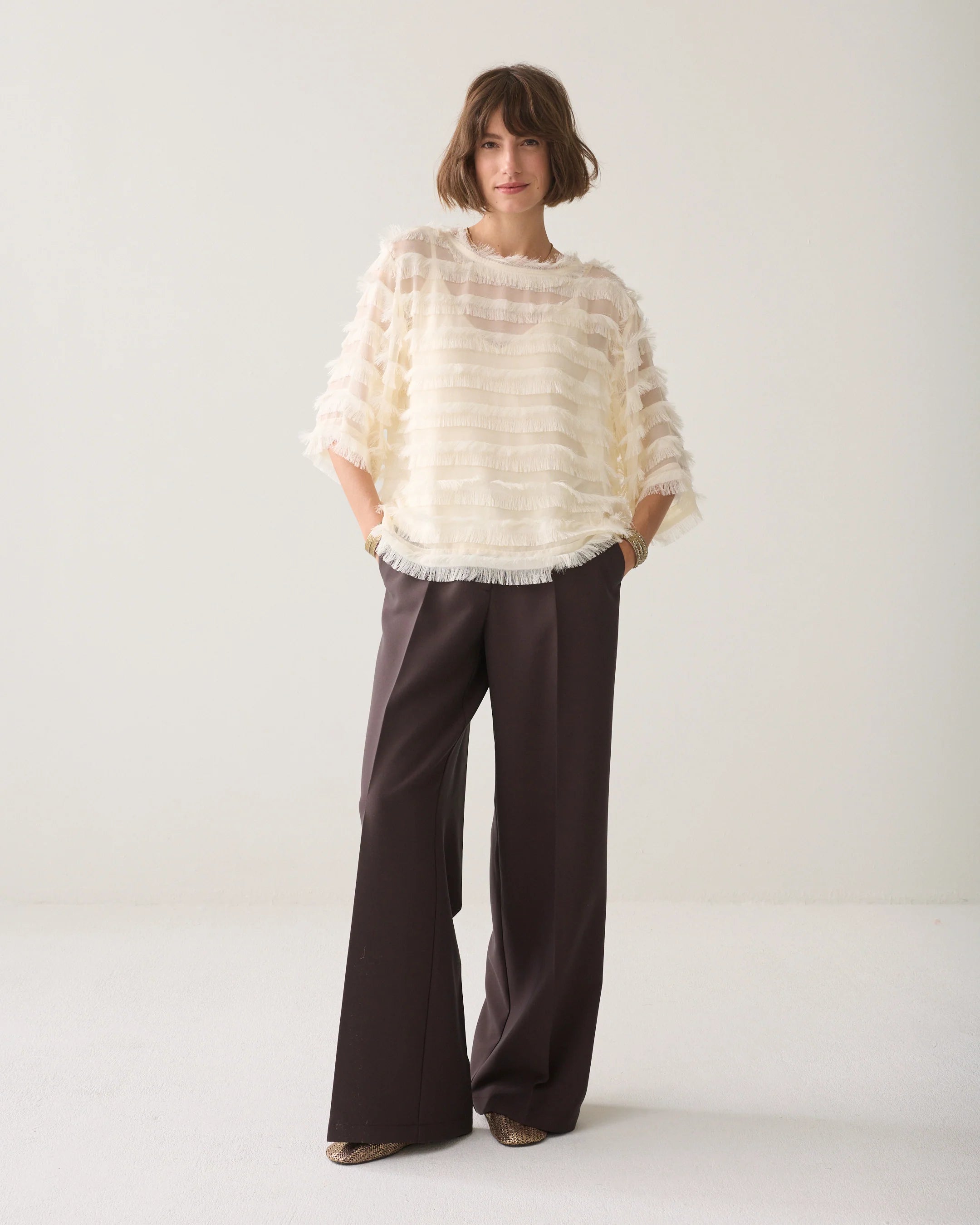 Summum cream loose fit three-quarter sleeve textured top