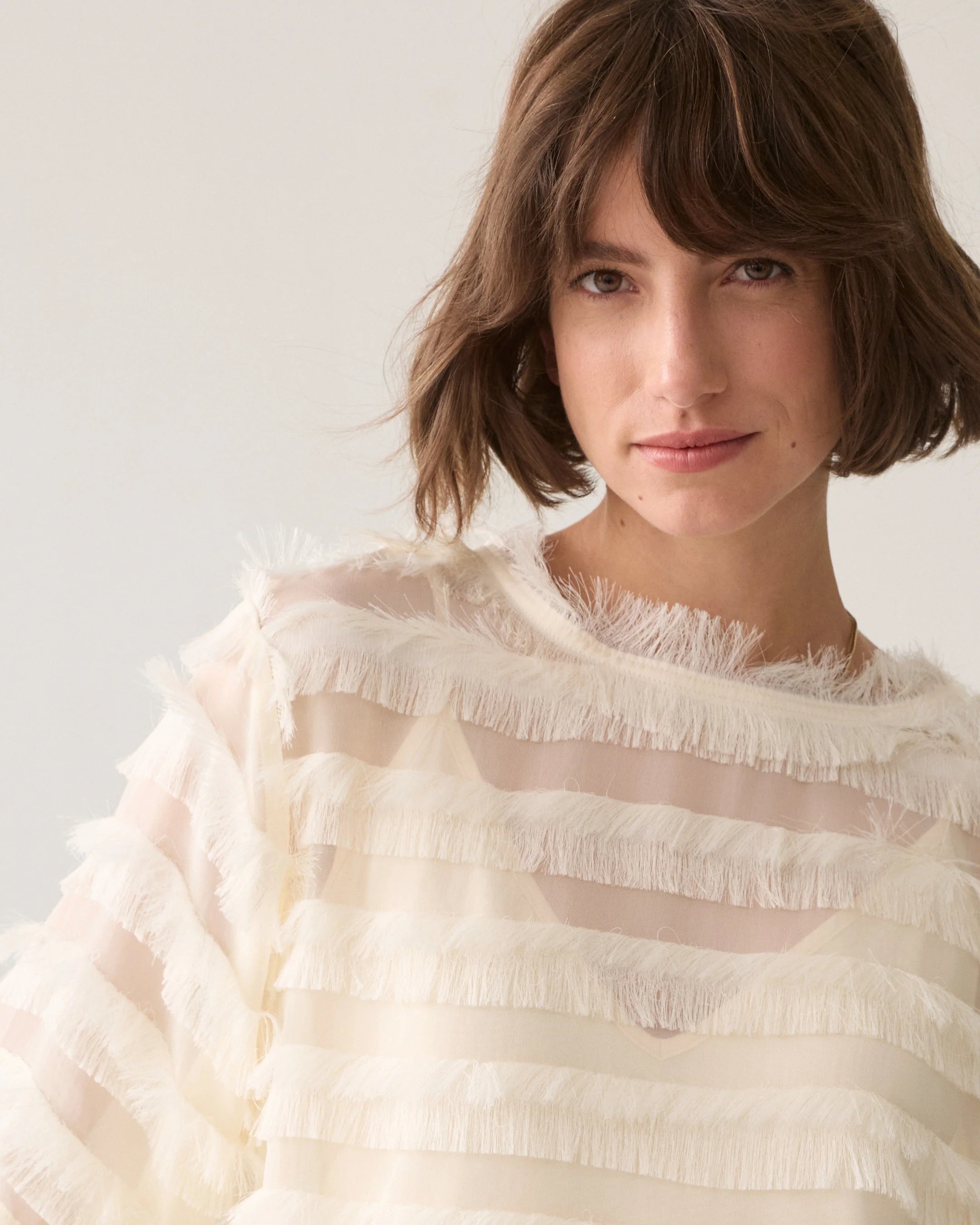 Summum cream sheer chenille stripe top close-up