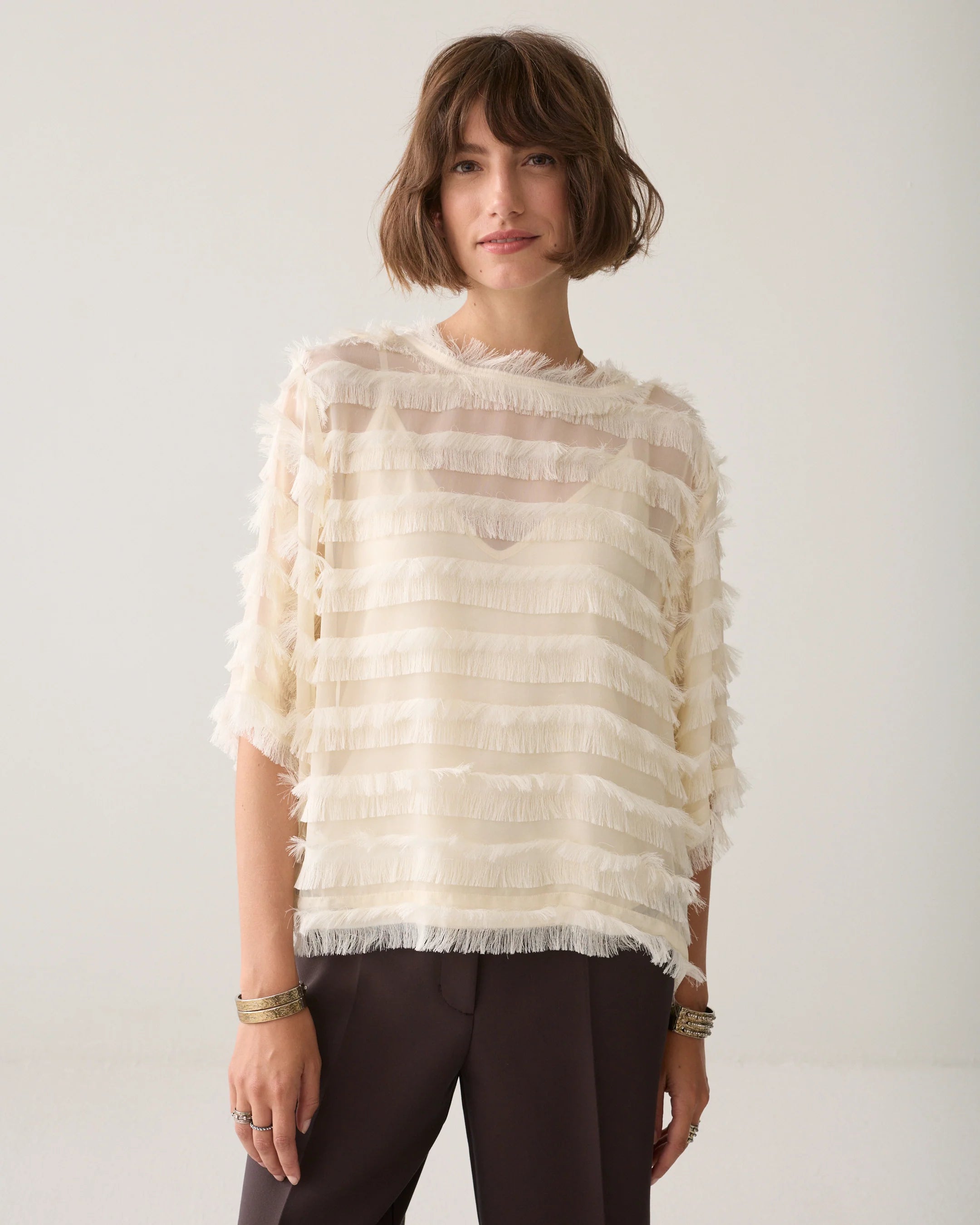 Summum cream sheer chenille stripe fringed top front view