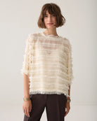Summum cream sheer chenille stripe fringed top front view