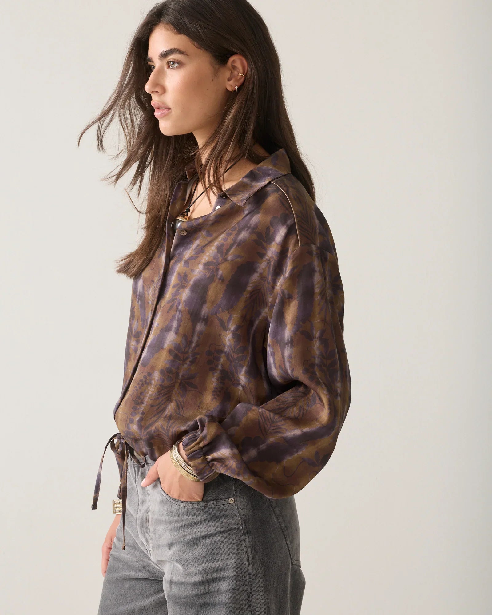 Summum long sleeve printed cropped blouse with adjustable drawstring hem – side view