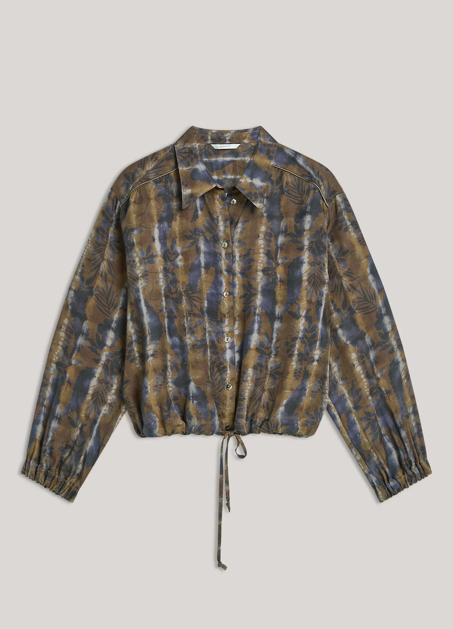 Summum brown and blue floral print cropped button-through blouse – front product view
