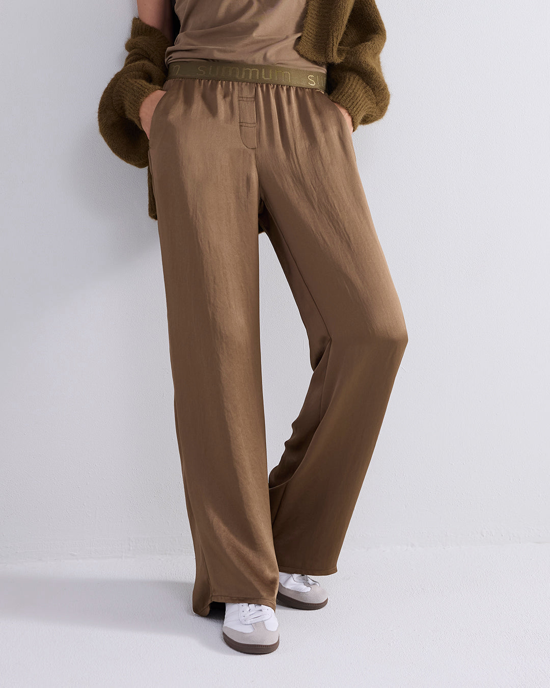 Summum Olive Wide Leg Flowy Smart Casual Trousers