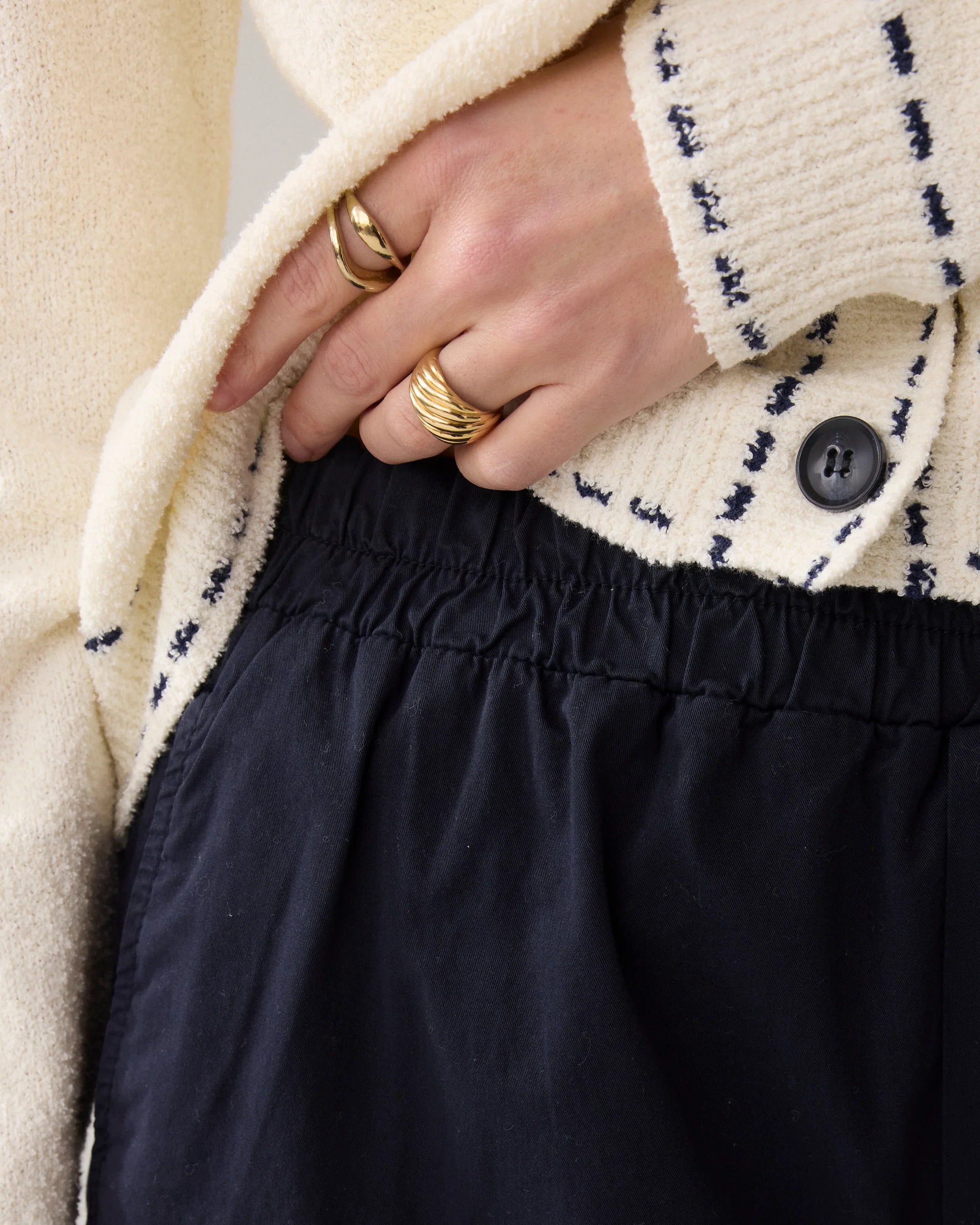 Summum high waist palazzo trousers elasticated waistband close-up detail