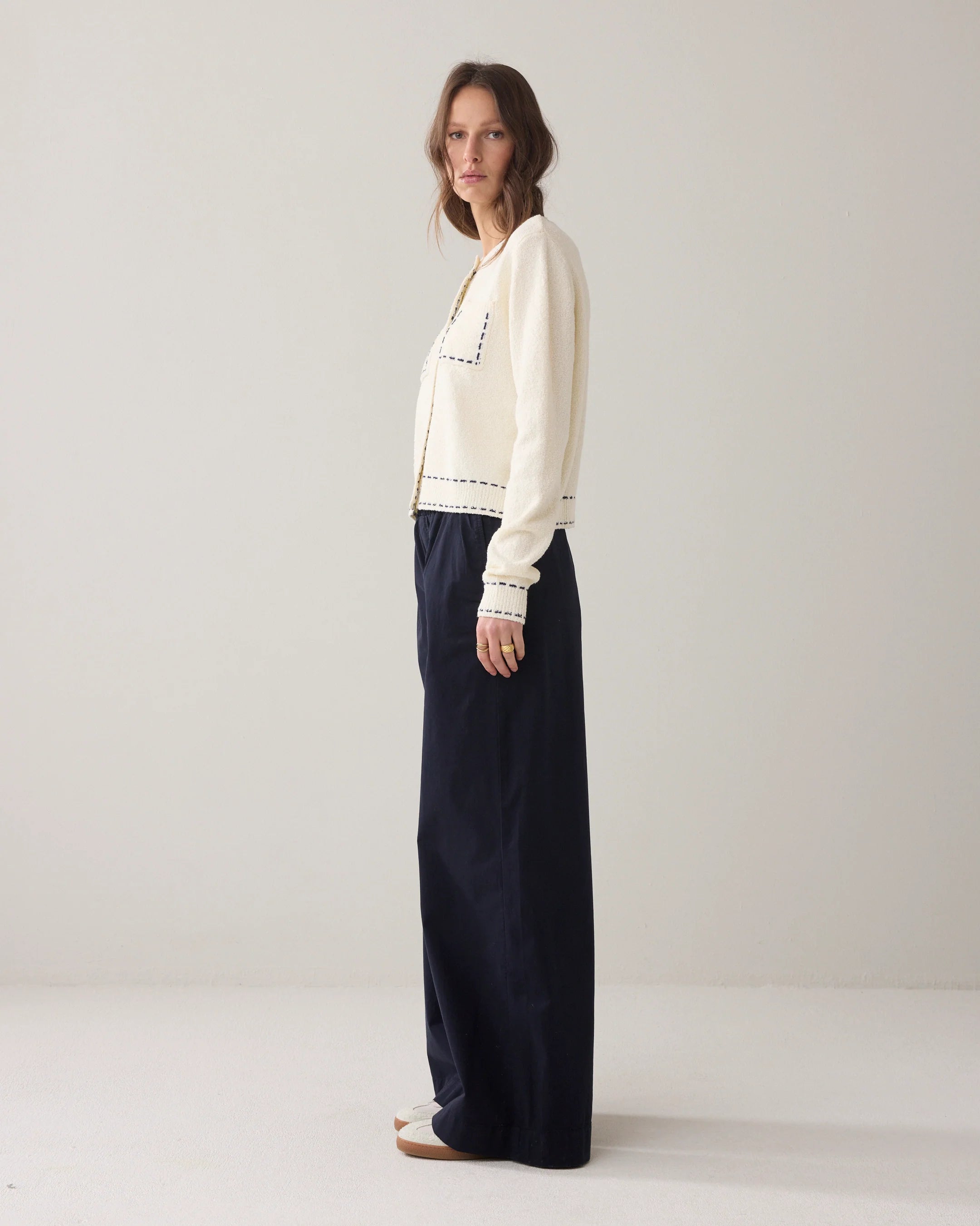Summum Navy wide leg palazzo trousers from side