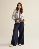 Summum wide leg cotton palazzo trousers with matching jacquard bomber jacket navy front view with pockets