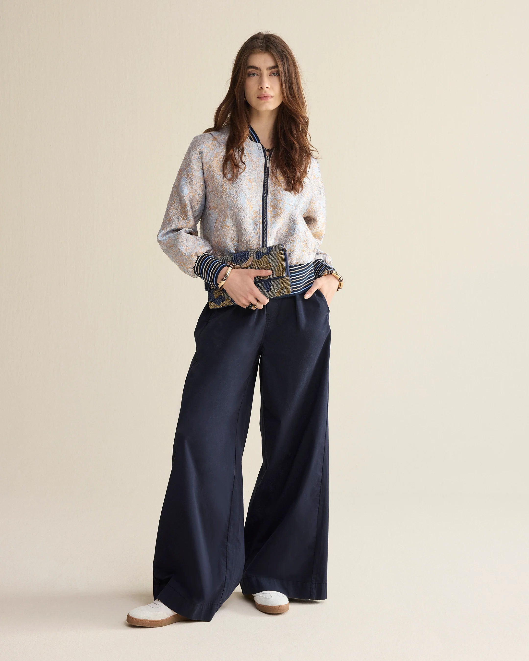 Summum wide leg cotton palazzo trousers with matching jacquard bomber jacket navy front view with pockets
