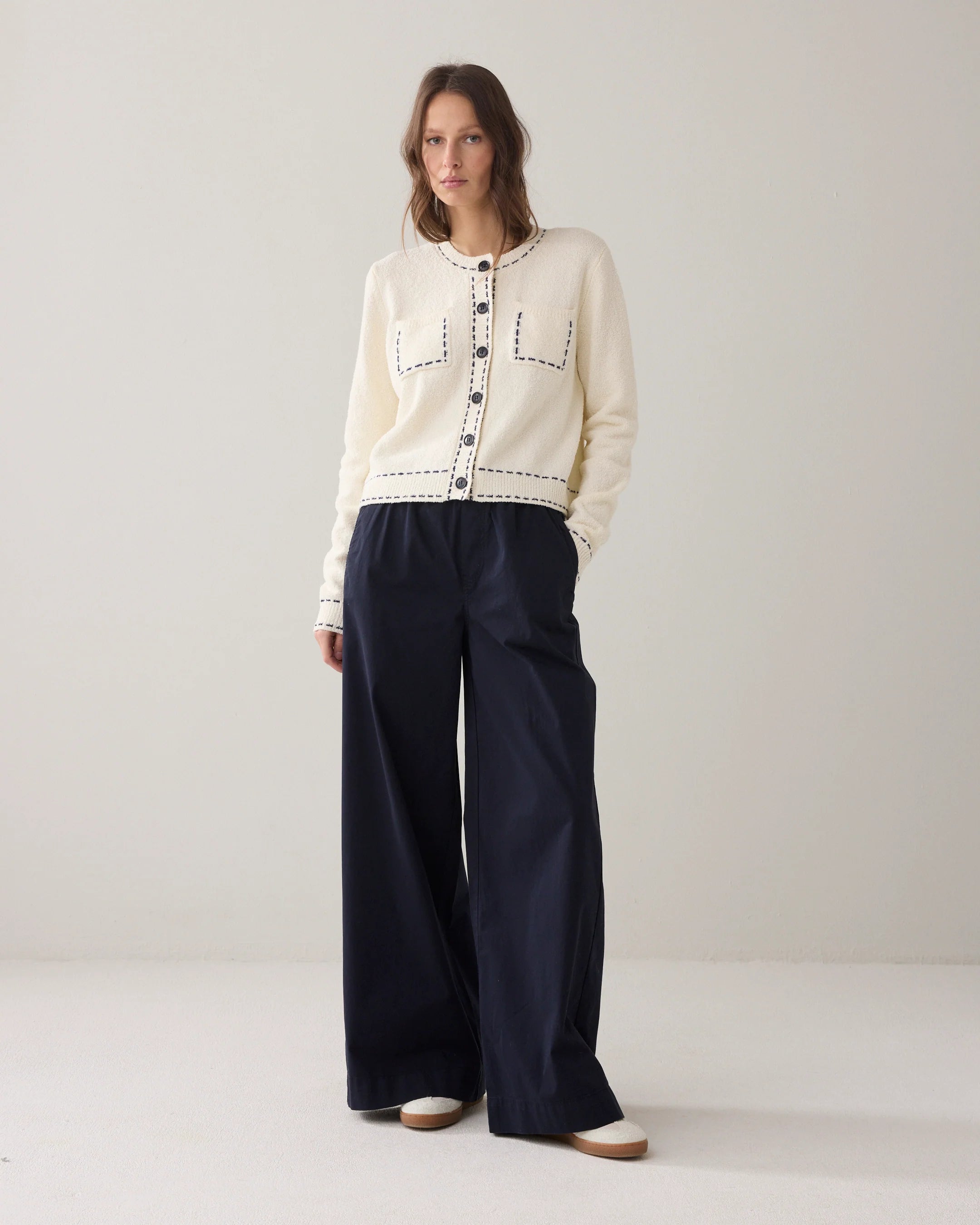 Summum wide leg palazzo trousers navy full length front outfit view