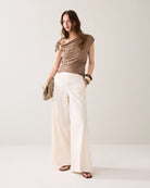 Summum cream straight leg wide trousers full length front view