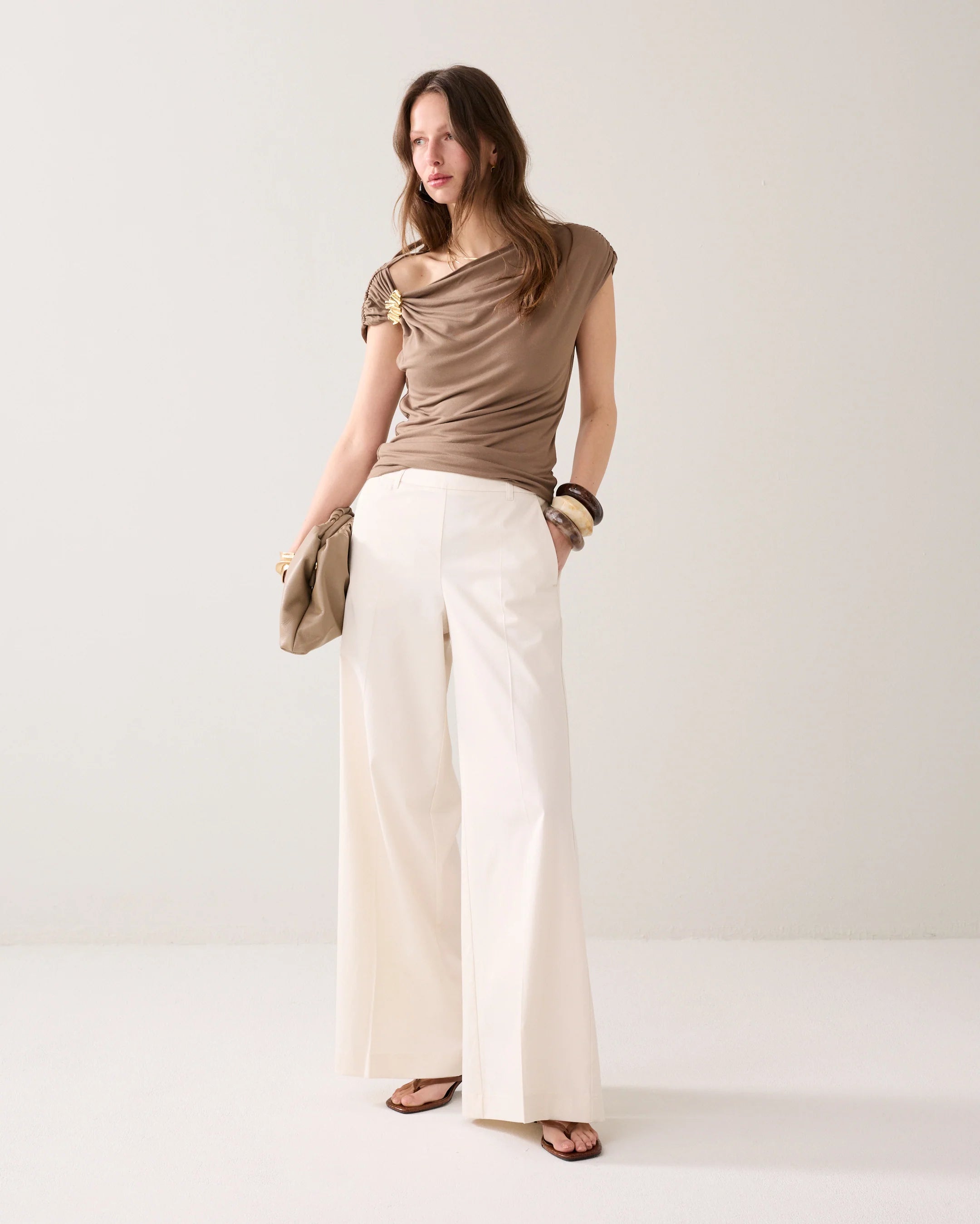 Summum cream straight leg wide trousers full length front view
