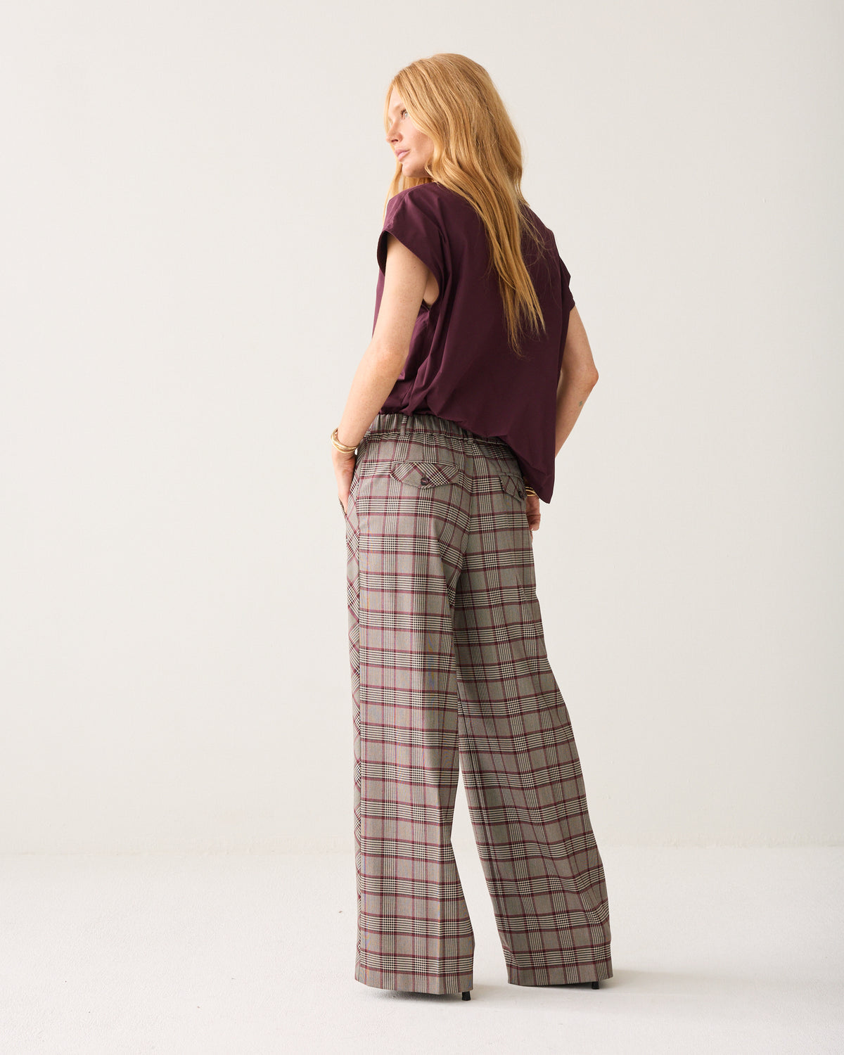 Summum burgundy grey checked trousers back view