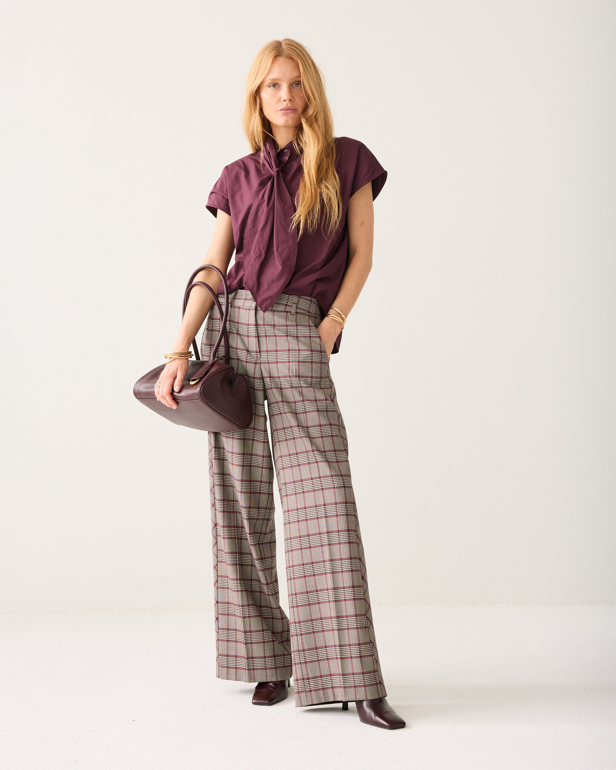 Summum burgundy grey check wide leg trousers front view