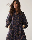 Summum camouflage black print button-through midi dress with puff sleeves – front model view