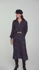 Summum black and brown camouflage print midi dress styled with a waist belt – full model view