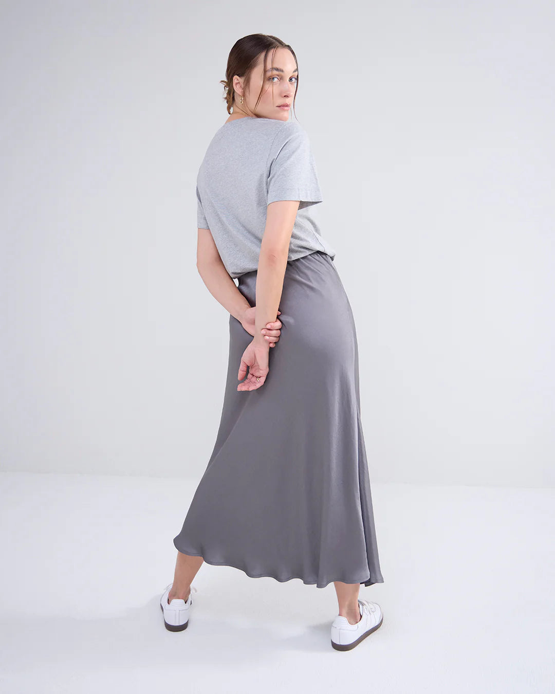 Summum Grey Bias Cut Silky Midi Skirt From The Back