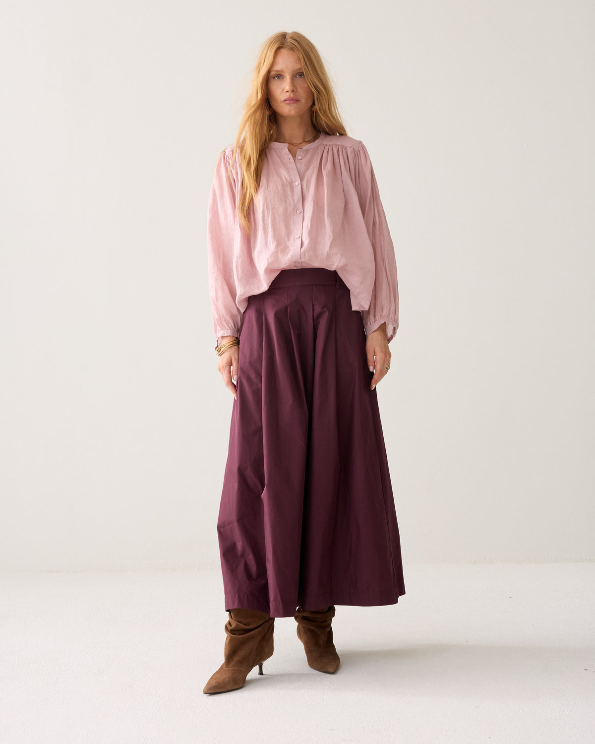 Summum burgundy taffeta maxi skirt full length front