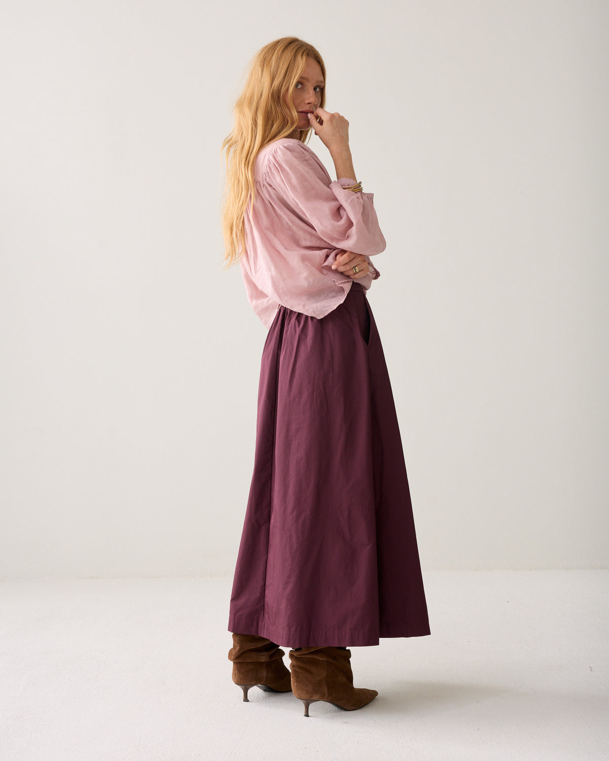 Summum burgundy A-line maxi skirt side view