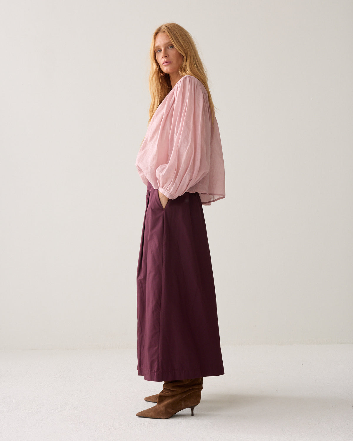  Summum burgundy taffeta maxi skirt profile view