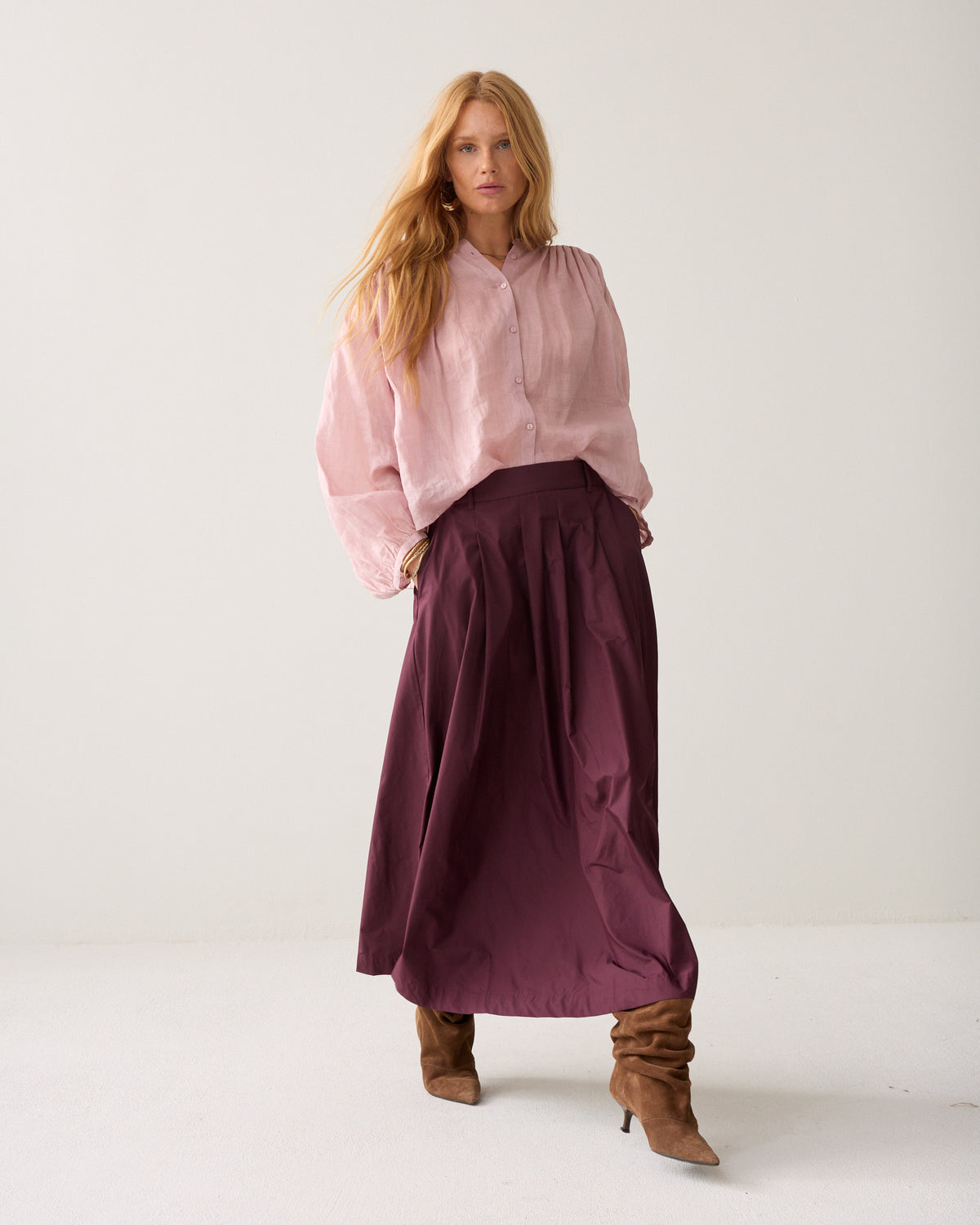 Summum burgundy taffeta A-line maxi skirt front view