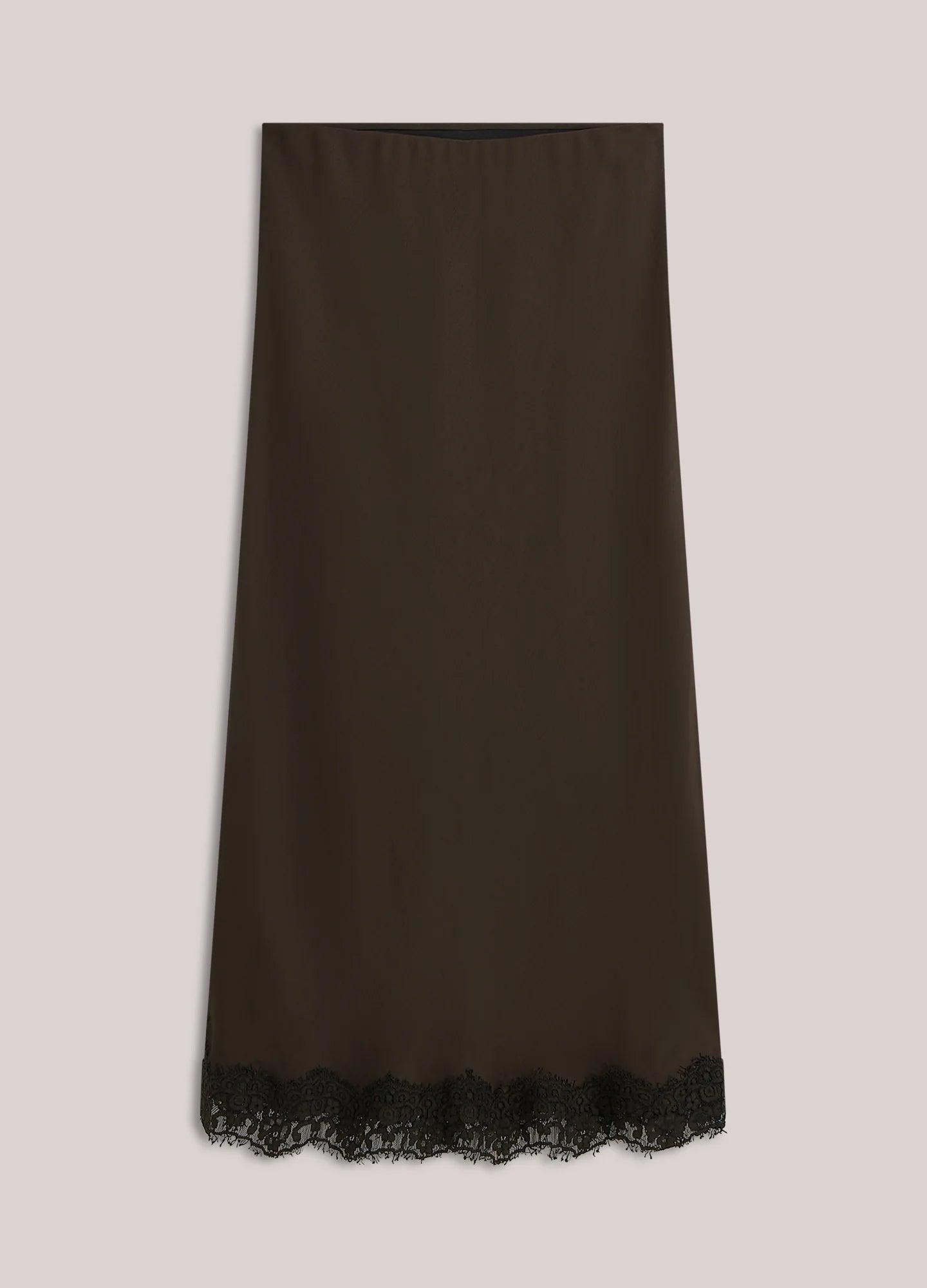 Summum chocolate brown midi skirt – scalloped lace hem detail