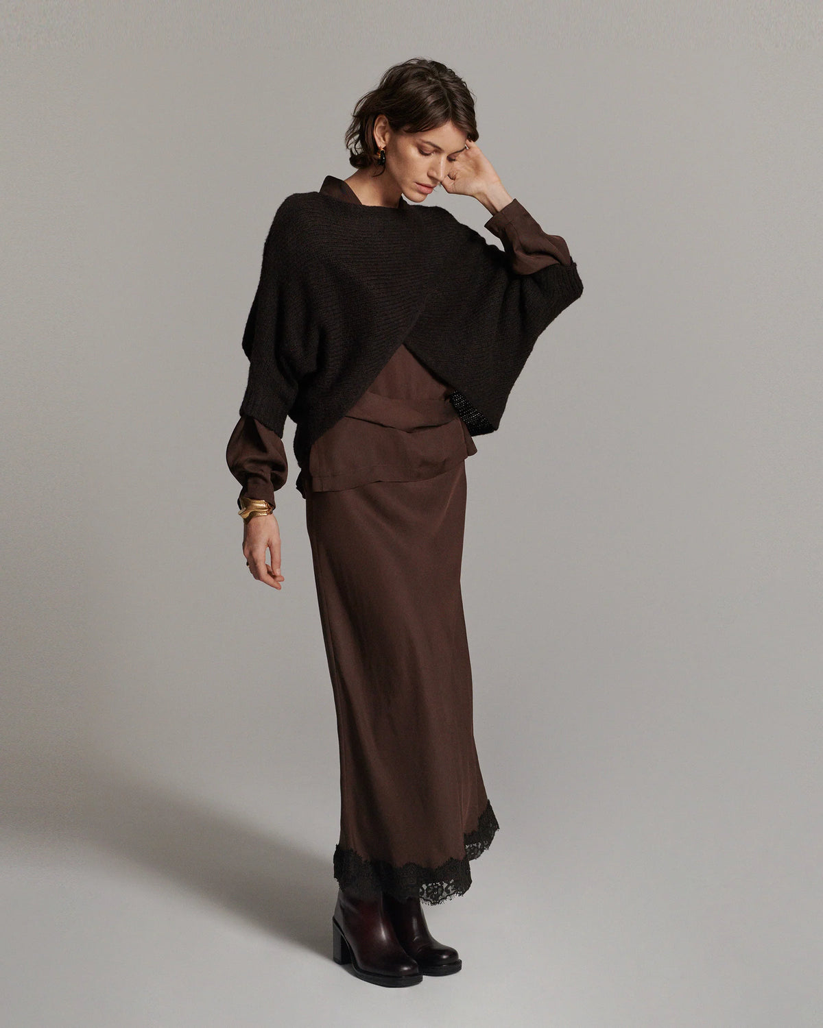 Summum brown lace trim skirt – styled model view with dark knit