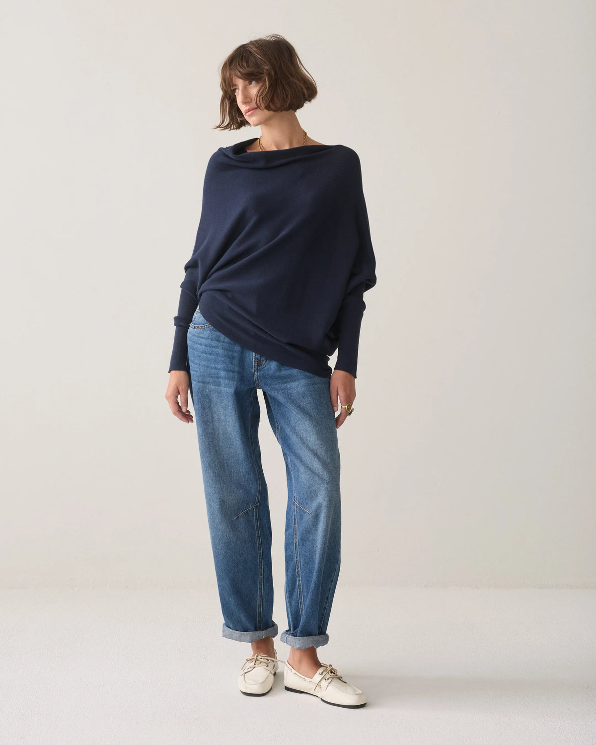 Summum navy asymmetric seamless jumper – full front model view