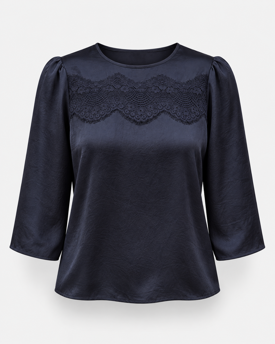 Summum midnight blue silky top with wide lace chest panel and three-quarter sleeves – front product view