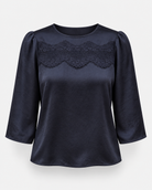 Summum midnight blue silky top with wide lace chest panel and three-quarter sleeves – front product view