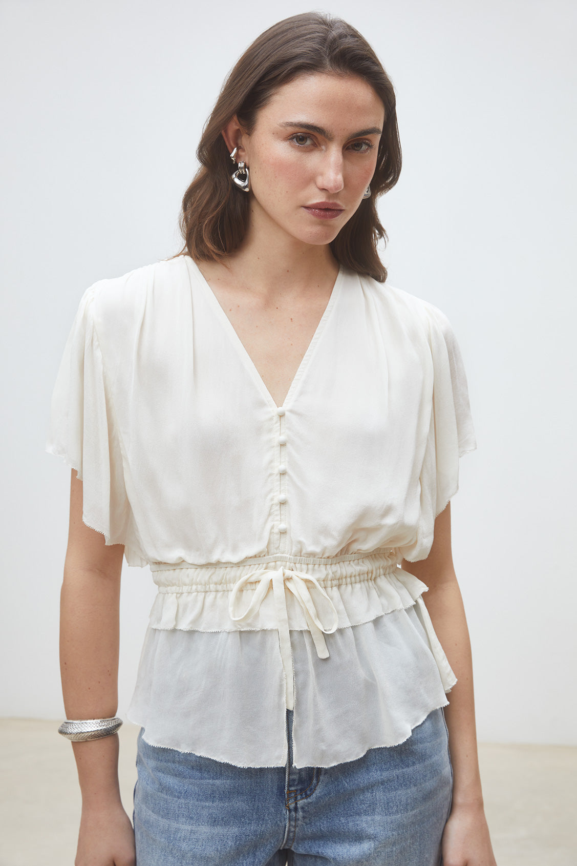 Suncoo Lalie cream tie waist blouse front view