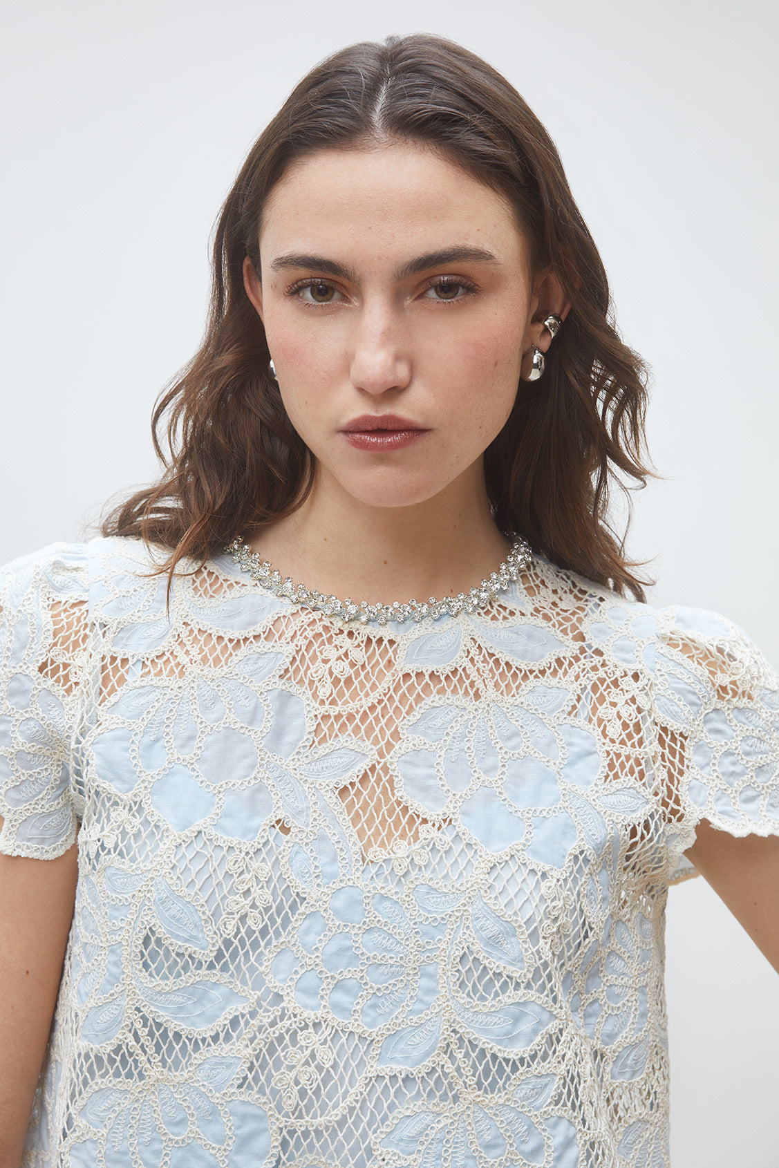Suncoo Lexy lace blouse close up neckline detail