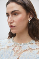 Suncoo Lexy blue beige lace scalloped sleeve top