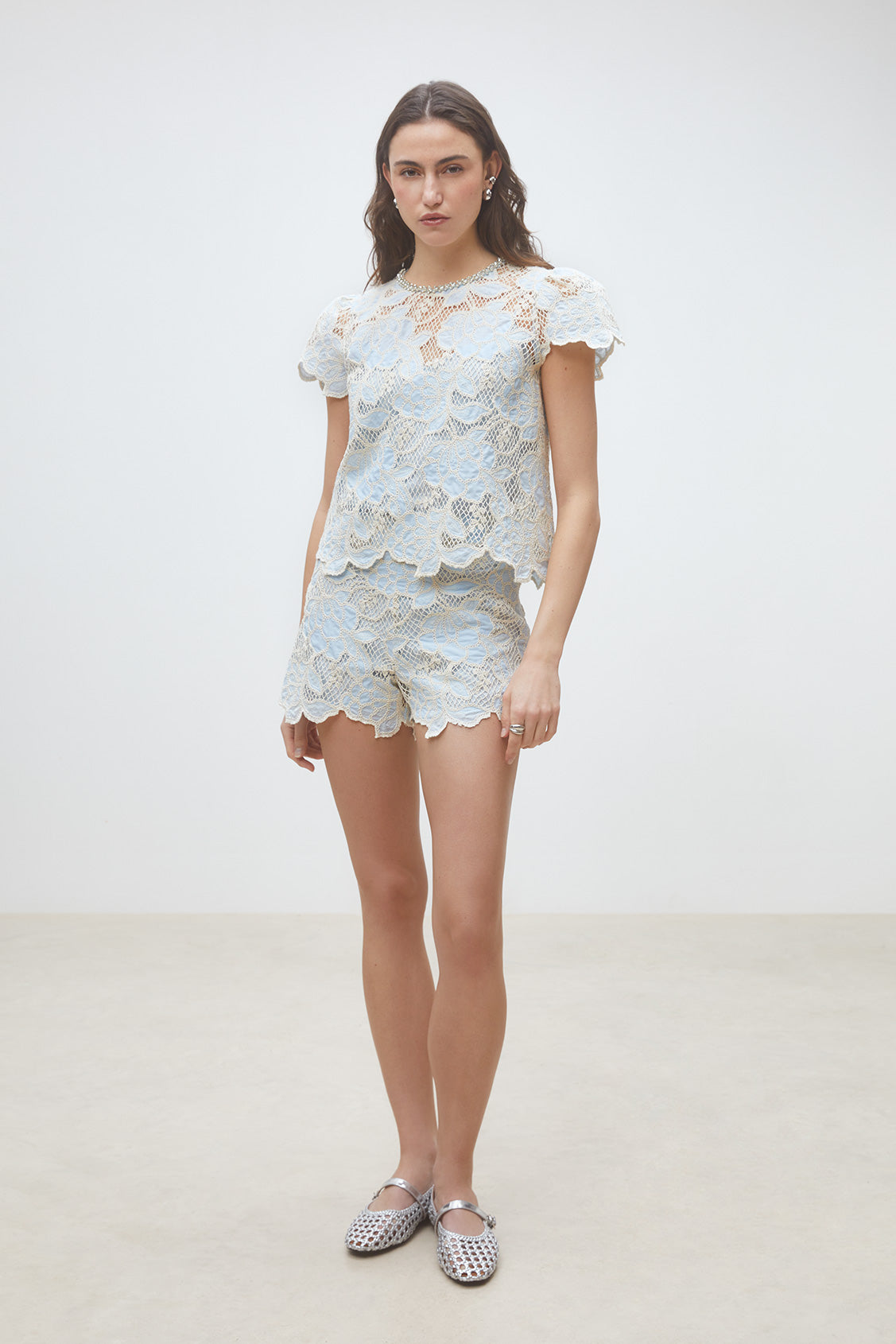 Suncoo Lexy blue beige lace short sleeve blouse