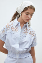 Suncoo Lolita blue stripe lace yoke blouse for women
