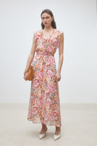 Suncoo Cali pink abstract floral midi dress front view