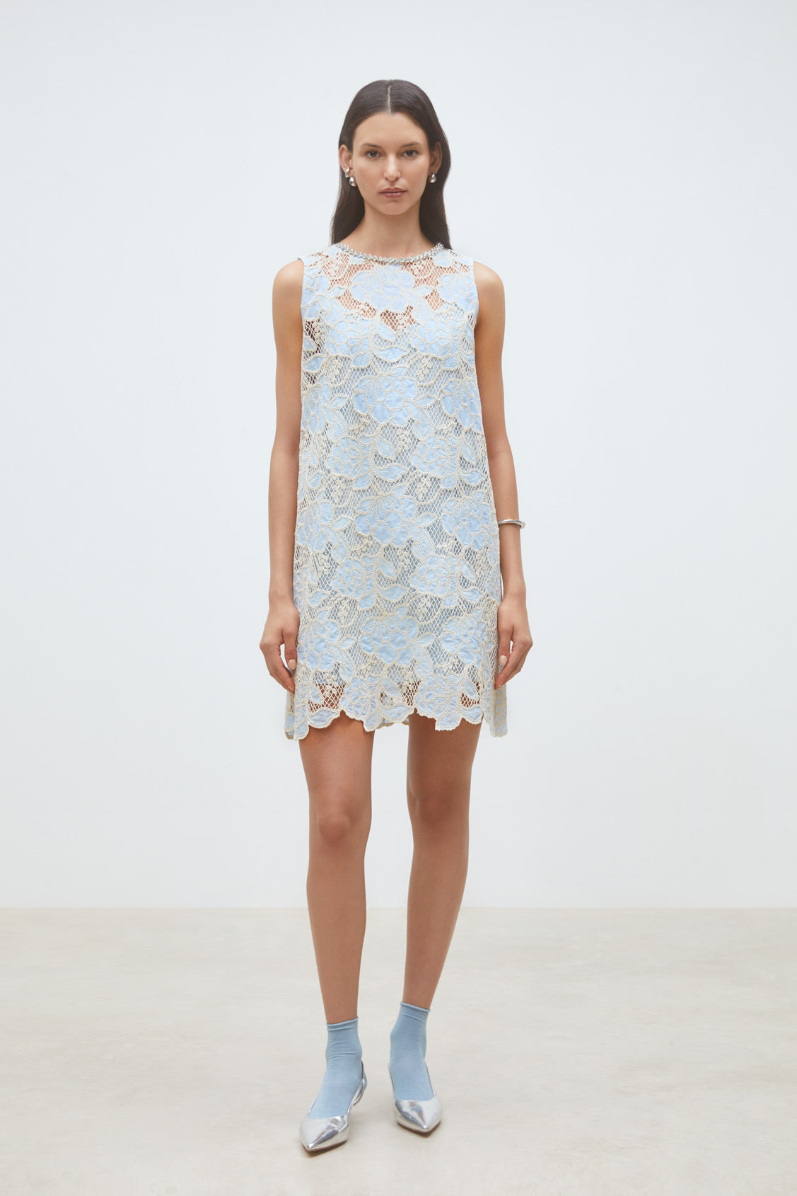 Suncoo Cerise blue and cream floral lace sleeveless dress