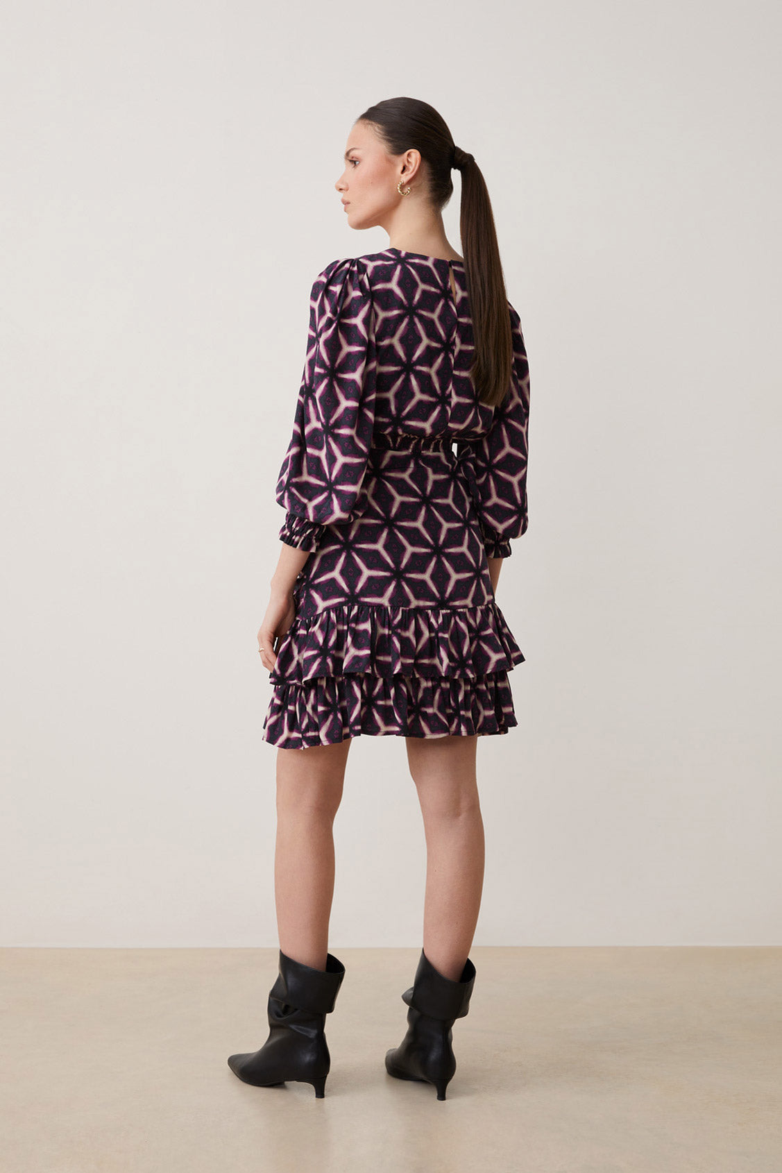 Suncoo Chama Black/Purple Kaleidoscope Print Mini Dress From The Back