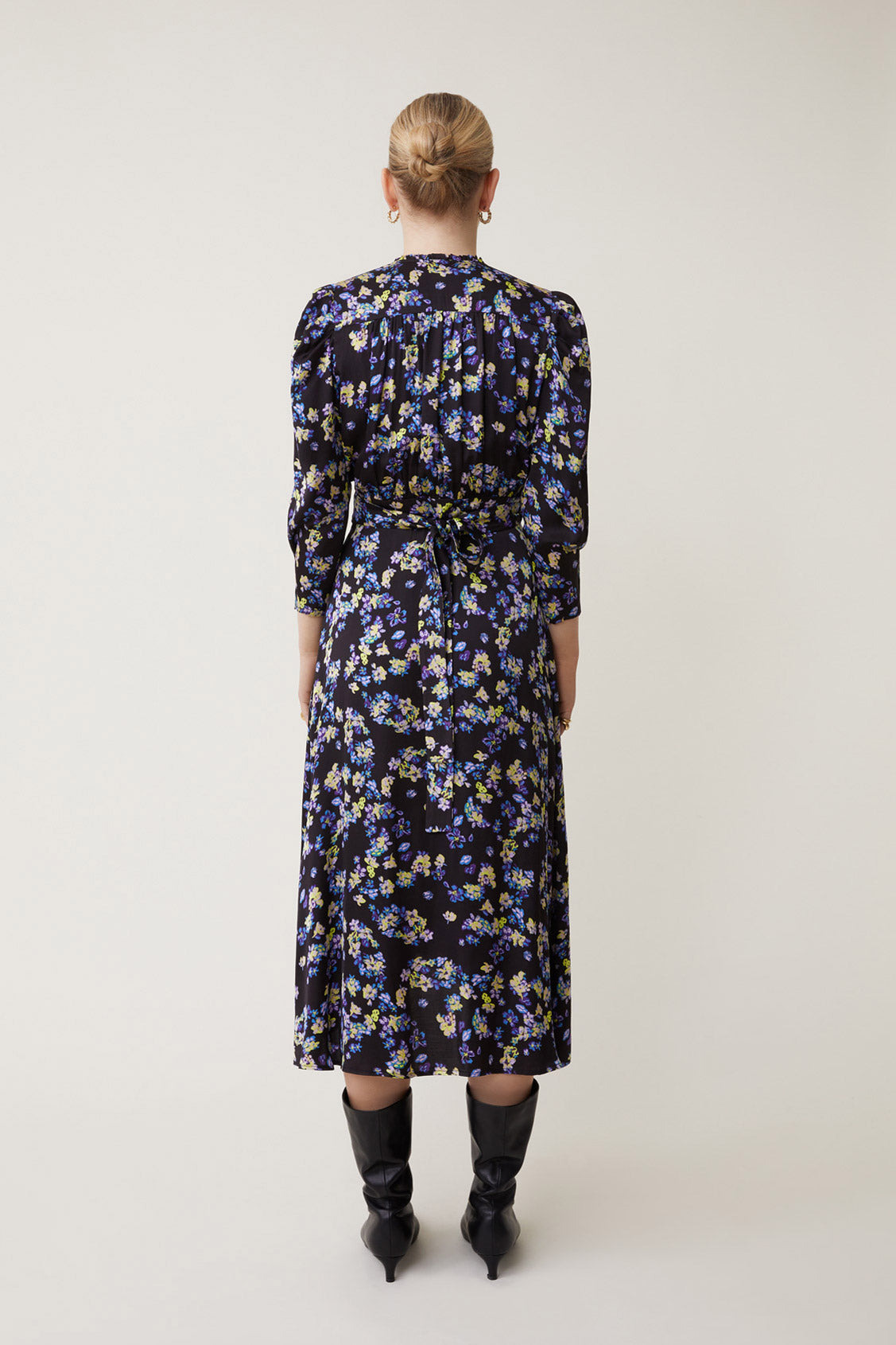 Suncoo Cipri Black/Purple Floral Print Midi Dress From The Back