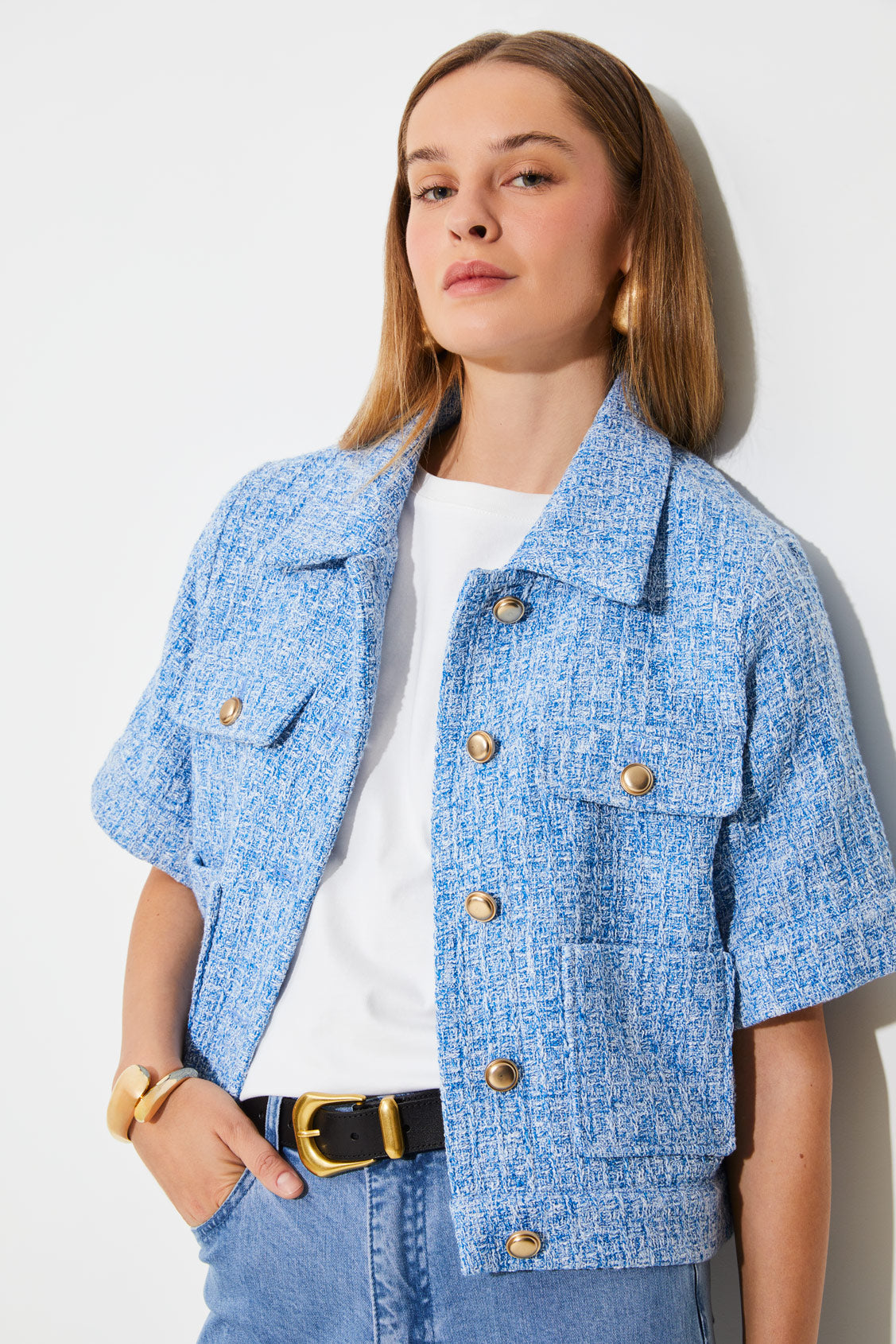 Suncoo Dolly Short-Sleeved Mottled Tweed Jacket In Blue 