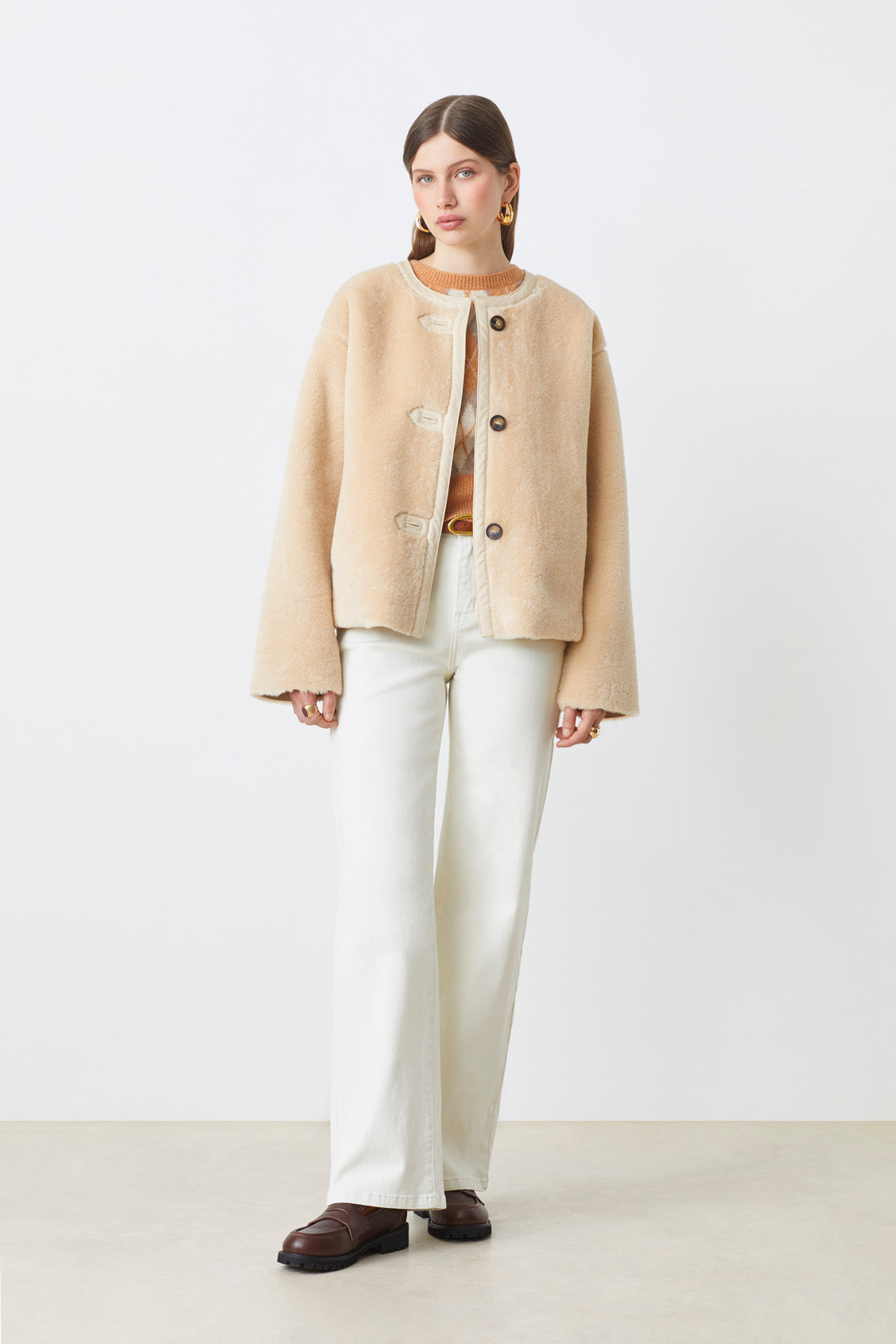 Suncoo cream short women’s winter jacket with toggles and contrast buttons 