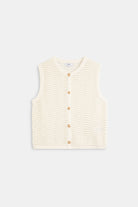 Suncoo Gemi White Openwork Knit Sleeveless Cardigan With Fancy Gold Buttons