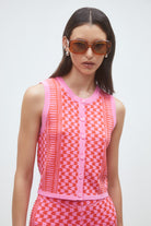 Suncoo Gablesi pink knit vest geometric pattern sleeveless top front view