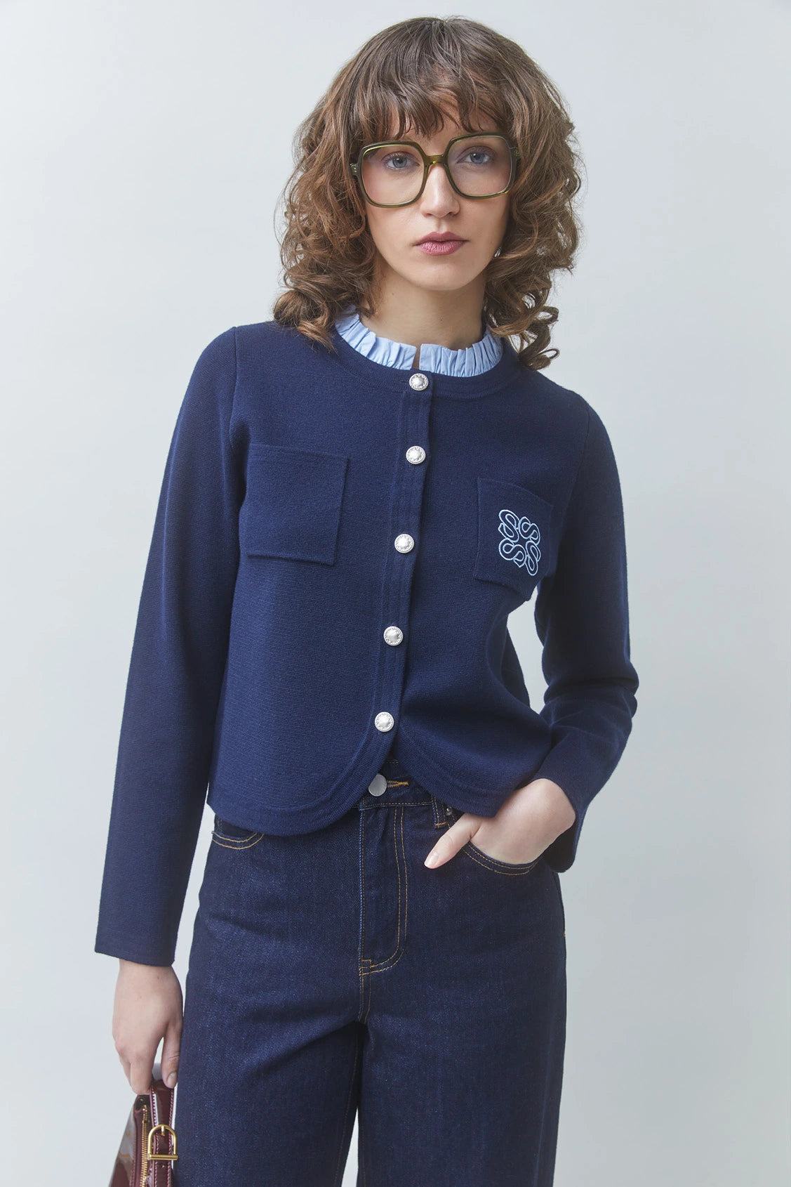 Suncoo Geola navy embroidered button cardigan front view on model