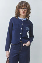 Suncoo Geola navy embroidered button cardigan front view on model