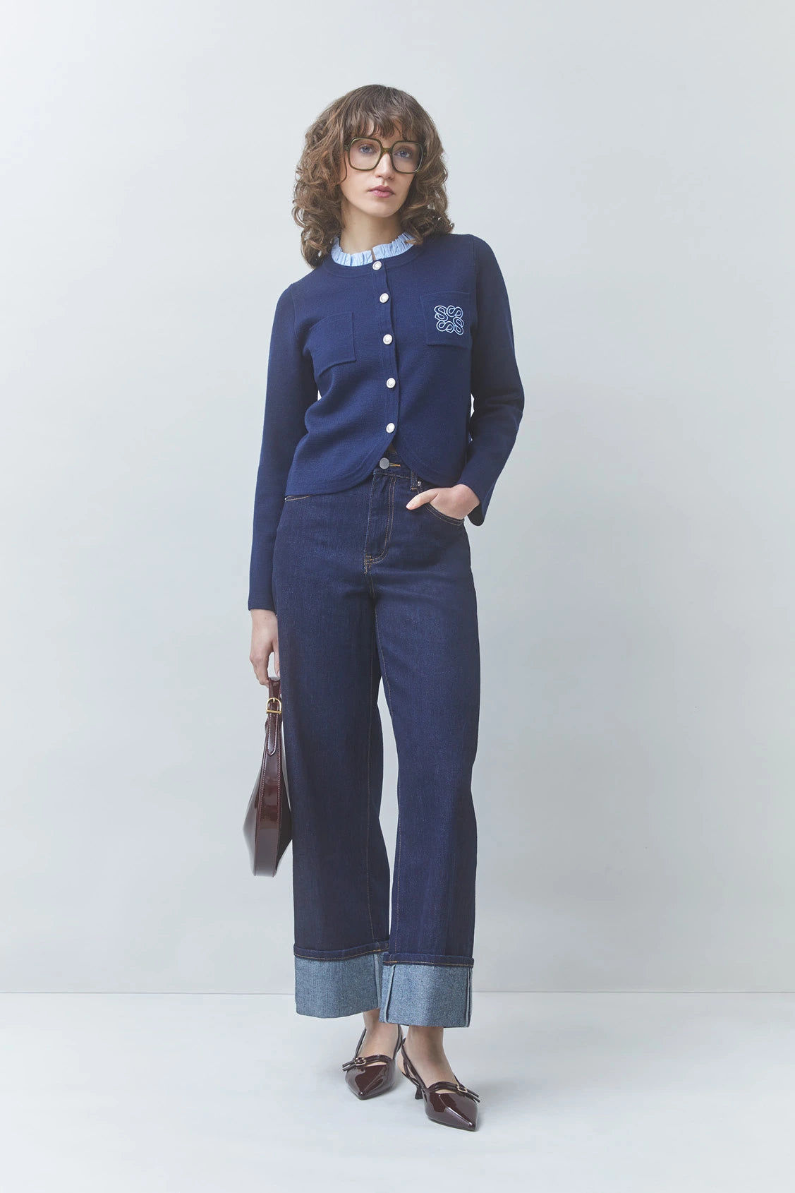 Suncoo Geola navy embroidered cardigan styled with removable blue pleated collar